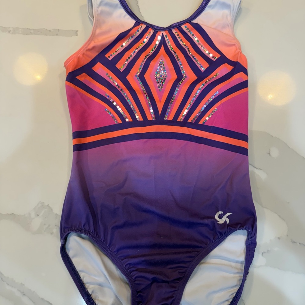 GK Adult Small Purple-Pink Ombre Geometric Leotard with Orange Accents